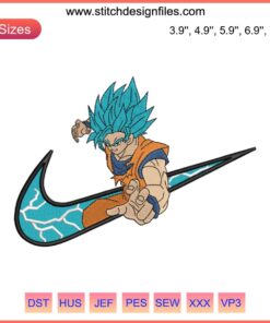 Son Goku embroidery design file featuring anime-inspired Nike swoosh, Dragon Ball theme, perfect for fans and crafting projects.