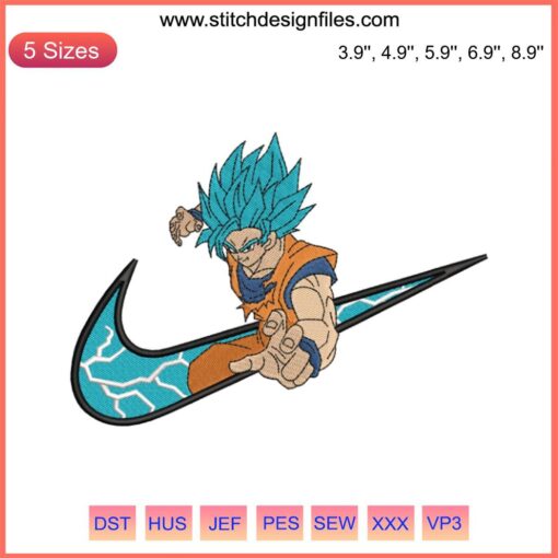 Son Goku embroidery design file featuring anime-inspired Nike swoosh, Dragon Ball theme, perfect for fans and crafting projects.