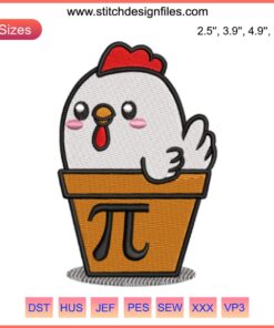 "Chicken Pot Pi Embroidery Design: Whimsical Pi Day Digital Stitching Pattern with chicken, pot, and mathematical Pi symbol motif."