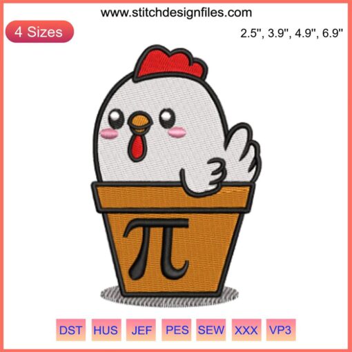 "Chicken Pot Pi Embroidery Design: Whimsical Pi Day Digital Stitching Pattern with chicken, pot, and mathematical Pi symbol motif."