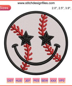 Baseball Smile Face Embroidery Design | Star Smiley Face Softball Digital Stitching Pattern