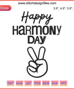 Colorful hand embroidery design with vibrant flowers, peace symbols, and "Happy Harmony Day" text for Harmony Week Australia crafts.