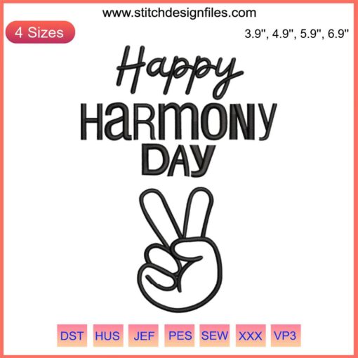 Colorful hand embroidery design with vibrant flowers, peace symbols, and "Happy Harmony Day" text for Harmony Week Australia crafts.