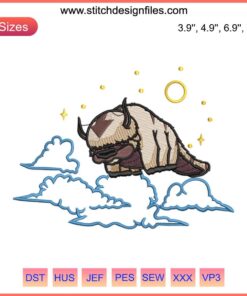 Anime Appa Sky Bison Embroidery Design featuring Avatar's Appa; digital stitching pattern, detailed cartoon design.
