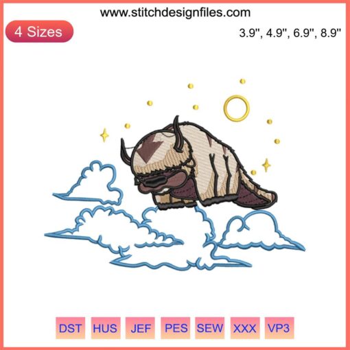 Anime Appa Sky Bison Embroidery Design featuring Avatar's Appa; digital stitching pattern, detailed cartoon design.