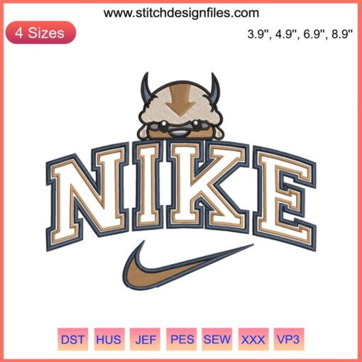 Nike Appa Avatar Embroidery Design: Anime-style digital stitching of Avatar character Appa, perfect for custom Nike apparel.
