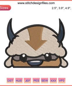 Appa Avatar Cute Embroidery Design featuring adorable anime character; perfect for digital embroidery projects.