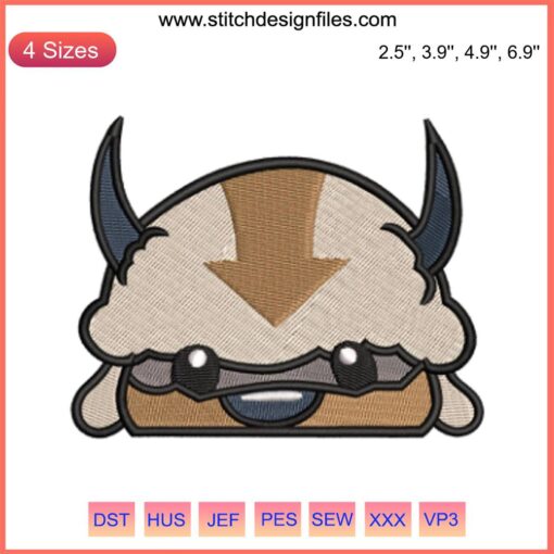Appa Avatar Cute Embroidery Design featuring adorable anime character; perfect for digital embroidery projects.