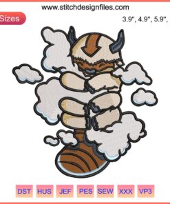 Appa Avatar hugging clouds embroidery design, digital stitching, fantasy creature, cartoon pattern, boho wall art inspiration.