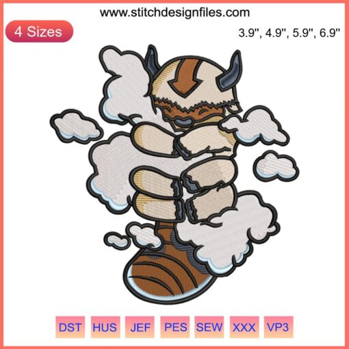 Appa Avatar hugging clouds embroidery design, digital stitching, fantasy creature, cartoon pattern, boho wall art inspiration.