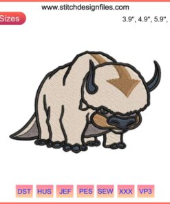 Appa Bison Avatar embroidery design featuring anime-inspired digital stitching with intricate detailing. Perfect for crafting enthusiasts.