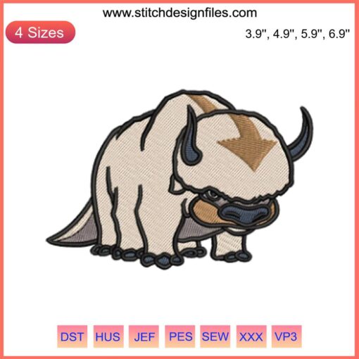 Appa Bison Avatar embroidery design featuring anime-inspired digital stitching with intricate detailing. Perfect for crafting enthusiasts.