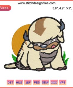 Appa Chipi Embroidery Design featuring Avatar anime-inspired digital stitching with intricate patterns and vivid colors.