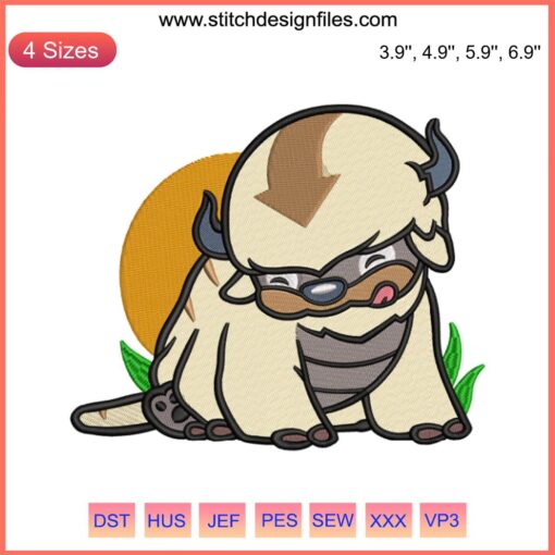 Appa Chipi Embroidery Design featuring Avatar anime-inspired digital stitching with intricate patterns and vivid colors.