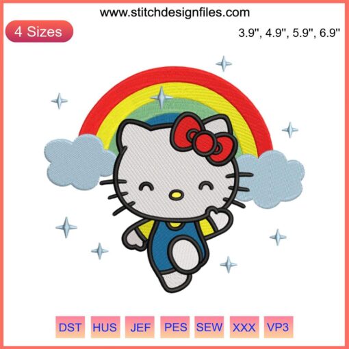 Hello Kitty Rainbow Embroidery Design - Cute Digital Stitching Art with Hello Kitty and Colorful Rainbow Pattern