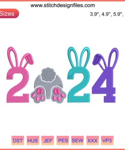 Colorful 2024 Easter egg embroidery design with bunnies and flowers, perfect for Easter Day digital stitching projects.
