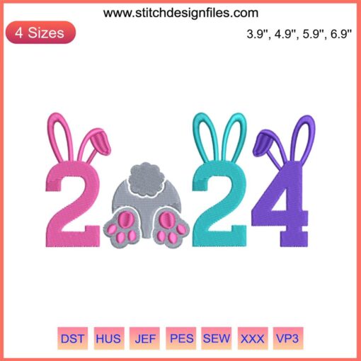 Colorful 2024 Easter egg embroidery design with bunnies and flowers, perfect for Easter Day digital stitching projects.
