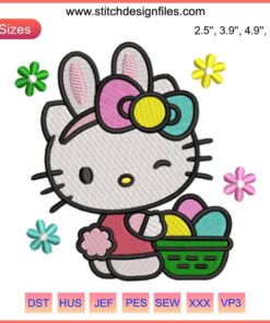 Hello Kitty Easter Embroidery Design: Cute Kitty with Easter Eggs, Bunny Ears, Perfect for Digital Stitching Projects