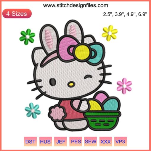 Hello Kitty Easter Embroidery Design: Cute Kitty with Easter Eggs, Bunny Ears, Perfect for Digital Stitching Projects