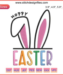 Hoppy Easter Embroidery Design featuring colorful Easter eggs, playful bunnies, and spring flowers; perfect for festive stitching projects.