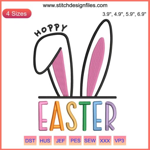 Hoppy Easter Embroidery Design featuring colorful Easter eggs, playful bunnies, and spring flowers; perfect for festive stitching projects.