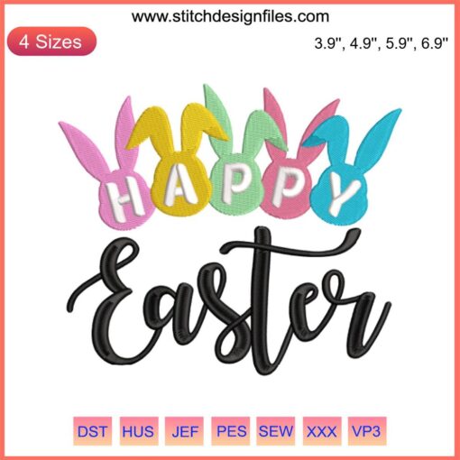 Multicolor Happy Easter Bunny Embroidery Design | Vibrant Easter Digital Stitching with Bunny Graphic | Perfect for Easter Crafts