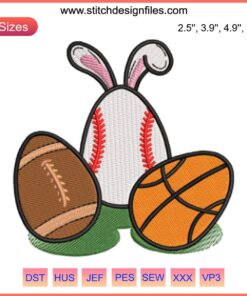 Balls Bunny Easter Eggs Embroidery Design featuring a playful bunny dribbling colorful Easter egg-shaped basketballs.