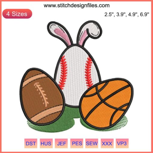Balls Bunny Easter Eggs Embroidery Design featuring a playful bunny dribbling colorful Easter egg-shaped basketballs.