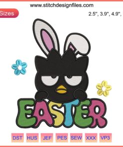 Badtz Maru Easter Bunny embroidery design featuring Sanrio character in bunny costume with Easter eggs, perfect for digital stitching.