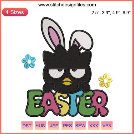 Badtz Maru Easter Bunny embroidery design featuring Sanrio character in bunny costume with Easter eggs, perfect for digital stitching.