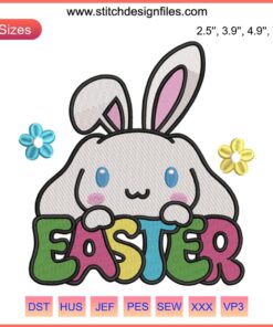 Cinnamoroll Easter Bunny Embroidery Design: Sanrio-inspired digital stitching featuring cute bunny in pastel colors for Easter crafts.