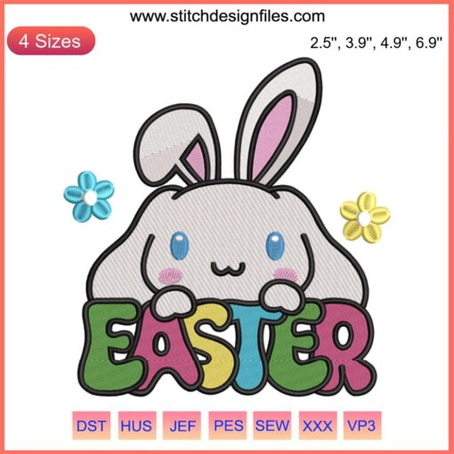 Cinnamoroll Easter Bunny Embroidery Design: Sanrio-inspired digital stitching featuring cute bunny in pastel colors for Easter crafts.