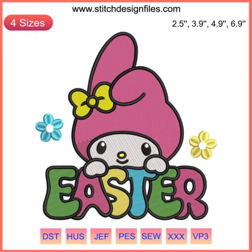 My Melody Easter Bunny Embroidery Design featuring Sanrio's My Melody in bunny ears with Easter-themed stitching motifs.