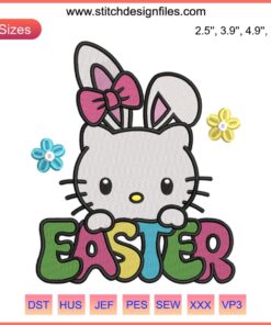 Hello Kitty Easter Bunny Embroidery Design: Cute Hello Kitty in bunny suit with colorful Easter eggs, perfect for Sanrio-themed stitching.
