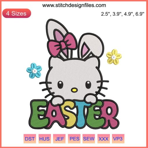 Hello Kitty Easter Bunny Embroidery Design: Cute Hello Kitty in bunny suit with colorful Easter eggs, perfect for Sanrio-themed stitching.