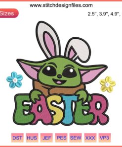 Baby Yoda Easter Bunny Embroidery Design featuring Sanrio characters for Easter Day digital stitching. Cute, festive, unique.