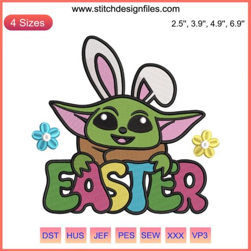 Baby Yoda Easter Bunny Embroidery Design featuring Sanrio characters for Easter Day digital stitching. Cute, festive, unique.