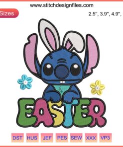 Charming Sanrio-inspired Easter Bunny embroidery design featuring Stitch in festive Easter attire, perfect for digital stitching projects.