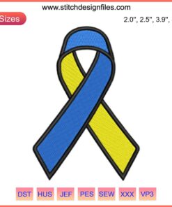 Down Syndrome Awareness Ribbon Embroidery Design featuring blue, yellow, red colors for World Down Syndrome Day digital stitching.