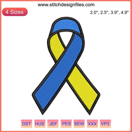 Down Syndrome Awareness Ribbon Embroidery Design featuring blue, yellow, red colors for World Down Syndrome Day digital stitching.