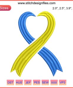 Blue Yellow Heart Awareness Ribbon Embroidery Design, Down Syndrome Day Digital Stitching, Support Symbol, Design Pattern