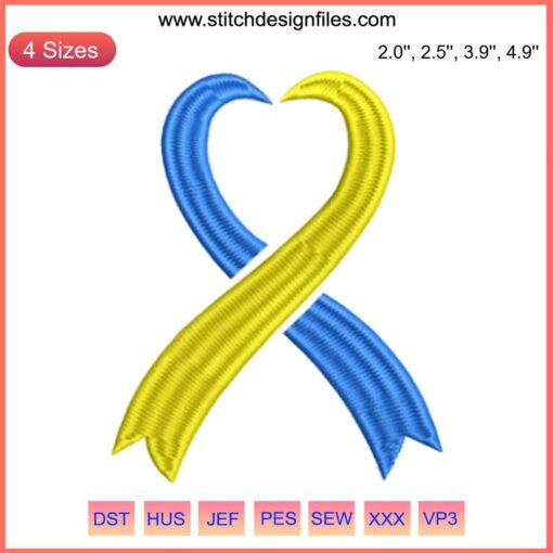 Blue Yellow Heart Awareness Ribbon Embroidery Design, Down Syndrome Day Digital Stitching, Support Symbol, Design Pattern