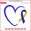 Heart-shaped embroidery design featuring yellow and blue ribbons, symbolizing Down Syndrome awareness stitching.