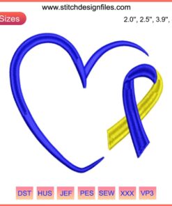 Heart-shaped embroidery design featuring yellow and blue ribbons, symbolizing Down Syndrome awareness stitching.