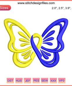 Butterfly with Ribbon Embroidery Design, Down Syndrome Awareness, Digital Stitching, Symbolic Blue and Yellow Threads