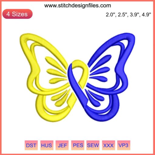 Butterfly with Ribbon Embroidery Design, Down Syndrome Awareness, Digital Stitching, Symbolic Blue and Yellow Threads