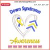 Embroidery design featuring a heart-shaped awareness ribbon symbolizing Down Syndrome; digital stitching detail.
