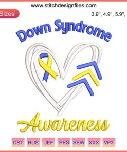 Embroidery design featuring a heart-shaped awareness ribbon symbolizing Down Syndrome; digital stitching detail.