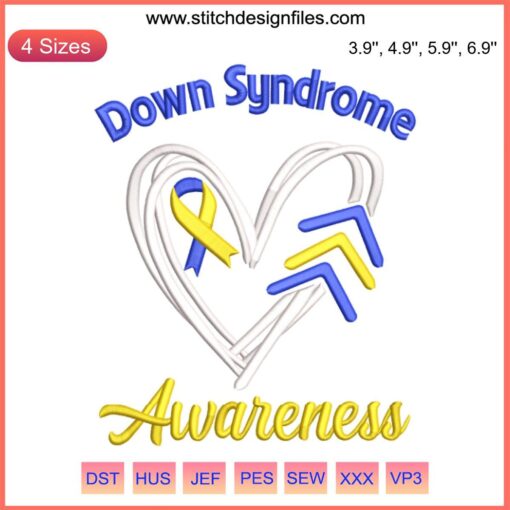 Embroidery design featuring a heart-shaped awareness ribbon symbolizing Down Syndrome; digital stitching detail.