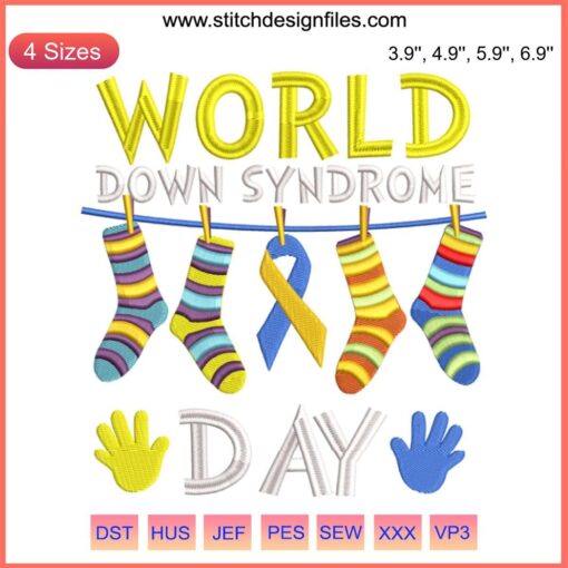 Down Syndrome Awareness Embroidery | Blue Yellow Ribbon, Heart, Three 21s | World Down Syndrome Day Digital Stitch Design